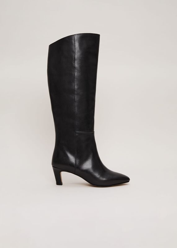 Black Leather Kitten Heel Knee Boot