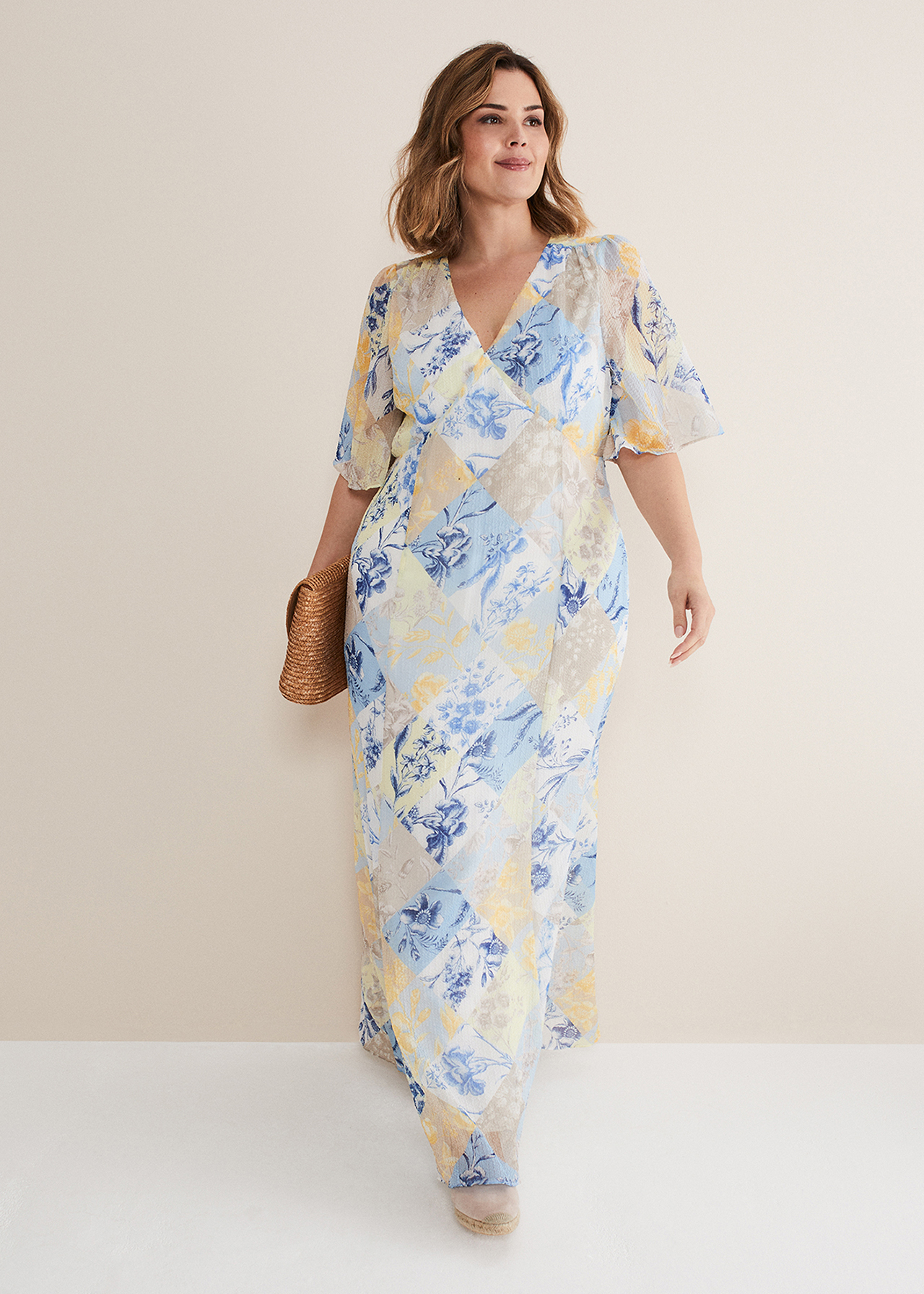 Woman wearing patchwork print dress